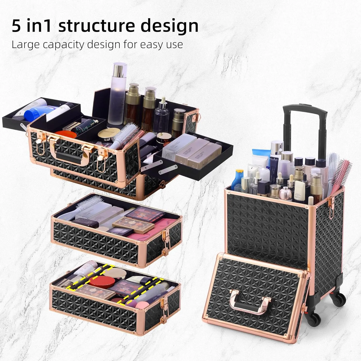 Rolling Makeup Case, Makeup Train Case with Lid, 5 in 1 Cosmetology Case on Wheels, Christmas Gift, Large Makeup Organizers, Profesional Cosmetic Case for Salon Barber, Black gold