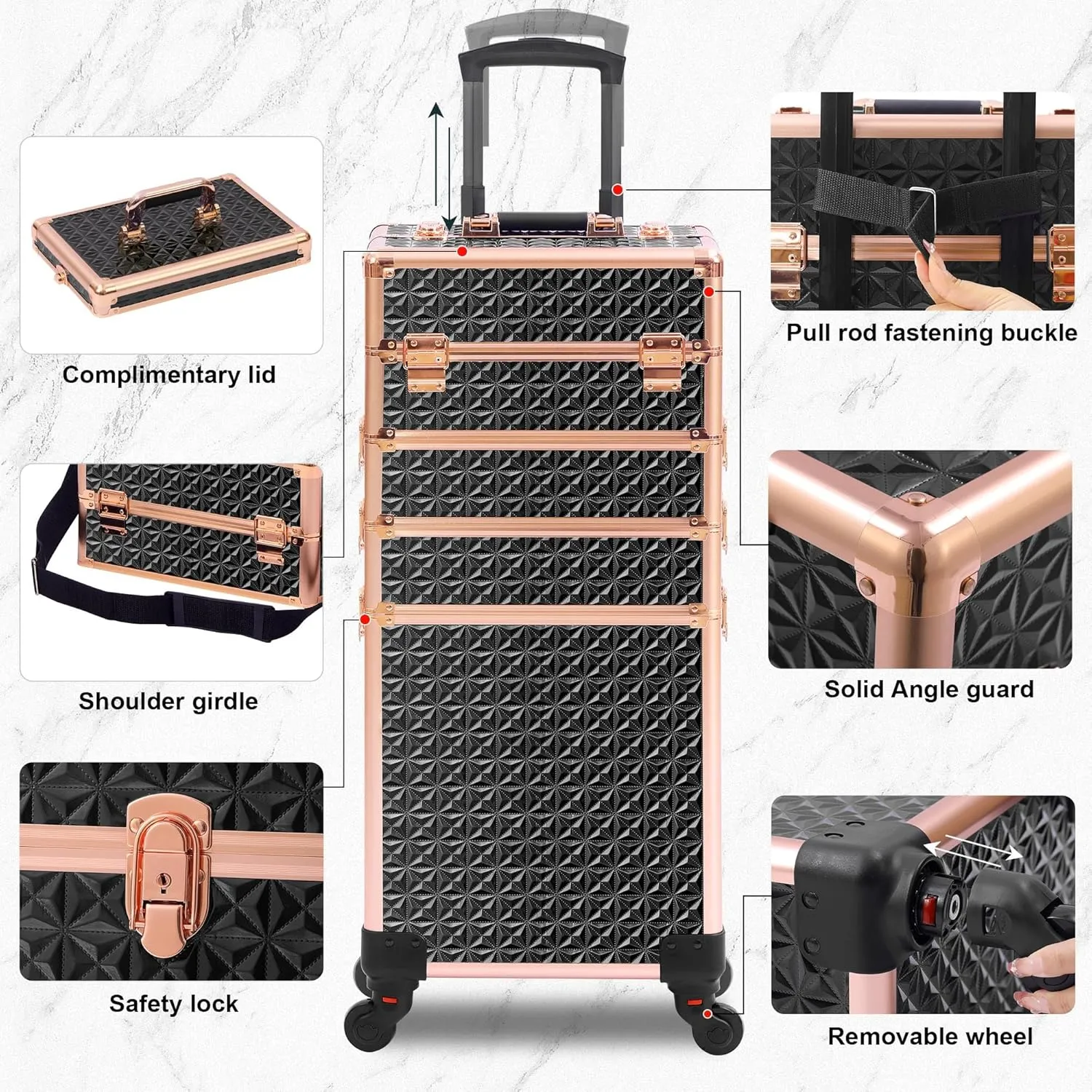 Rolling Makeup Case, Makeup Train Case with Lid, 5 in 1 Cosmetology Case on Wheels, Christmas Gift, Large Makeup Organizers, Profesional Cosmetic Case for Salon Barber, Black gold