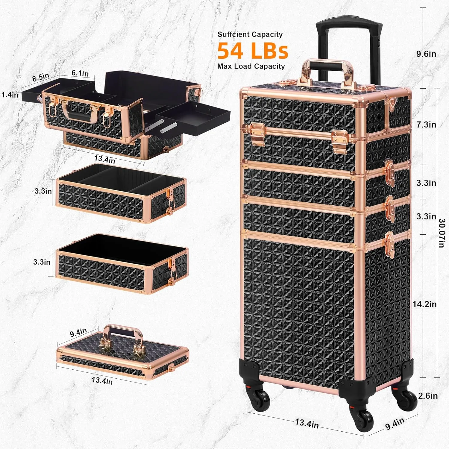 Rolling Makeup Case, Makeup Train Case with Lid, 5 in 1 Cosmetology Case on Wheels, Christmas Gift, Large Makeup Organizers, Profesional Cosmetic Case for Salon Barber, Black gold