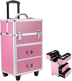 Rolling Makeup Train Case 4 Tiers, Lockable Aluminum Makeup Travel Organizer Cosmetic Case with Extendable Trays Size 14" L x 9" W x 22.4" H Rose Pink