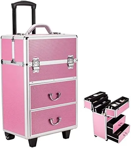 Rolling Makeup Train Case 4 Tiers, Lockable Aluminum Makeup Travel Organizer Cosmetic Case with Extendable Trays Size 14" L x 9" W x 22.4" H Rose Pink