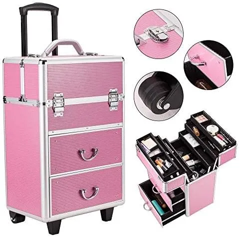 Rolling Makeup Train Case 4 Tiers, Lockable Aluminum Makeup Travel Organizer Cosmetic Case with Extendable Trays Size 14" L x 9" W x 22.4" H Rose Pink