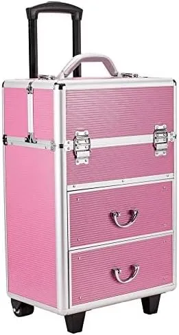 Rolling Makeup Train Case 4 Tiers, Lockable Aluminum Makeup Travel Organizer Cosmetic Case with Extendable Trays Size 14" L x 9" W x 22.4" H Rose Pink