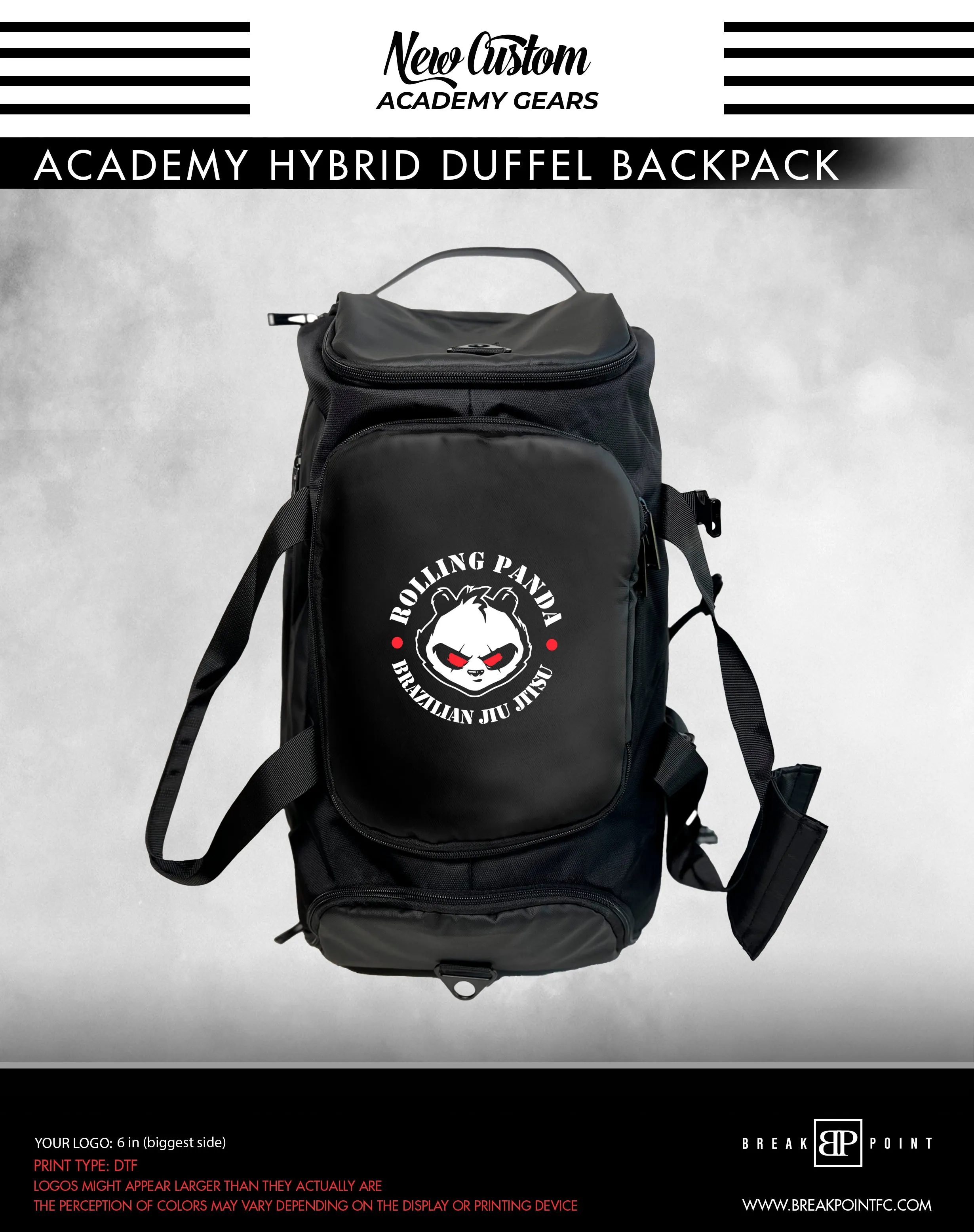 Rolling Pandas BJJ Academy Hybrid Duffel Backpack #591