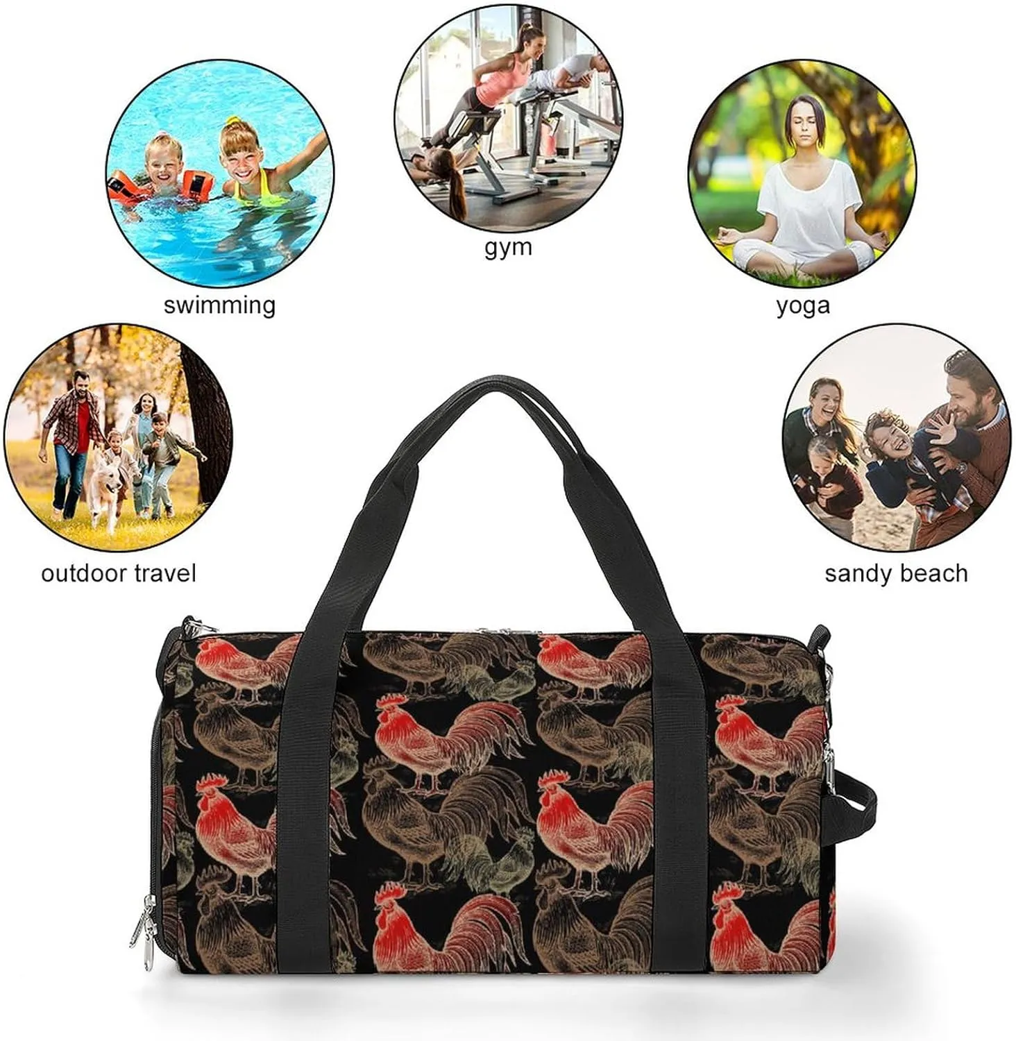 Roosters-black-pattern Sports Tote Gym Bag for Women Men, Overnight Bag with Shoe Compartment Water Resistant