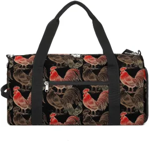 Roosters-black-pattern Sports Tote Gym Bag for Women Men, Overnight Bag with Shoe Compartment Water Resistant
