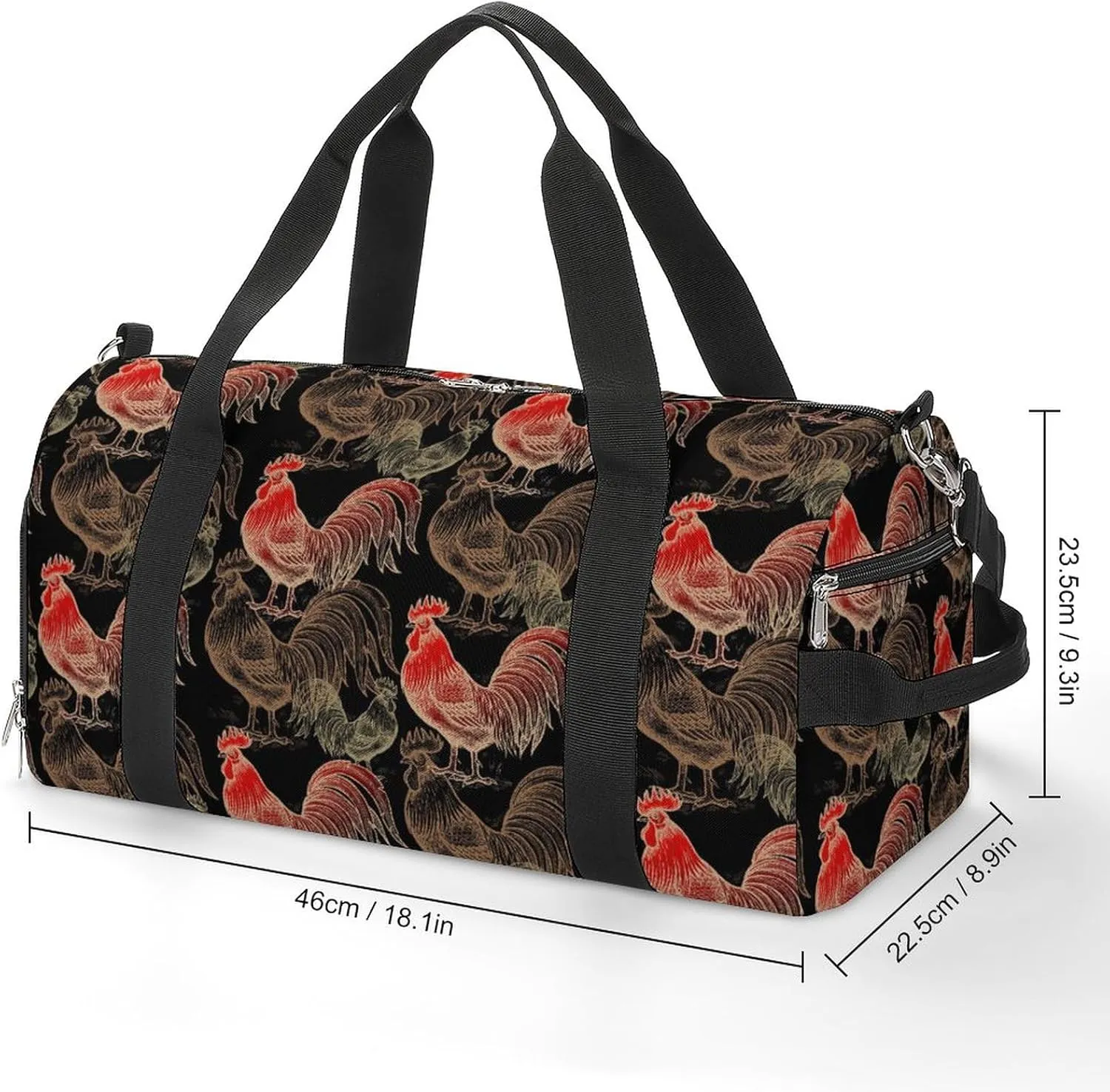 Roosters-black-pattern Sports Tote Gym Bag for Women Men, Overnight Bag with Shoe Compartment Water Resistant