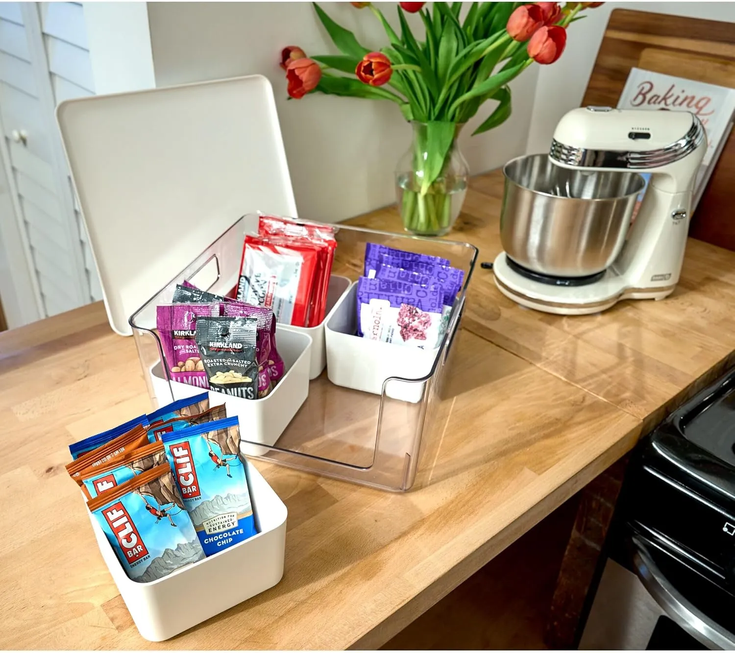 Rosanna Pansino x iDesign Recycled Plastic Kitchen Storage Bins, Includes 1 Large Bin with Lid and 4 Medium Bins, Marshmallow Bins/Marshmallow Lid, 12" x 12" x 6"