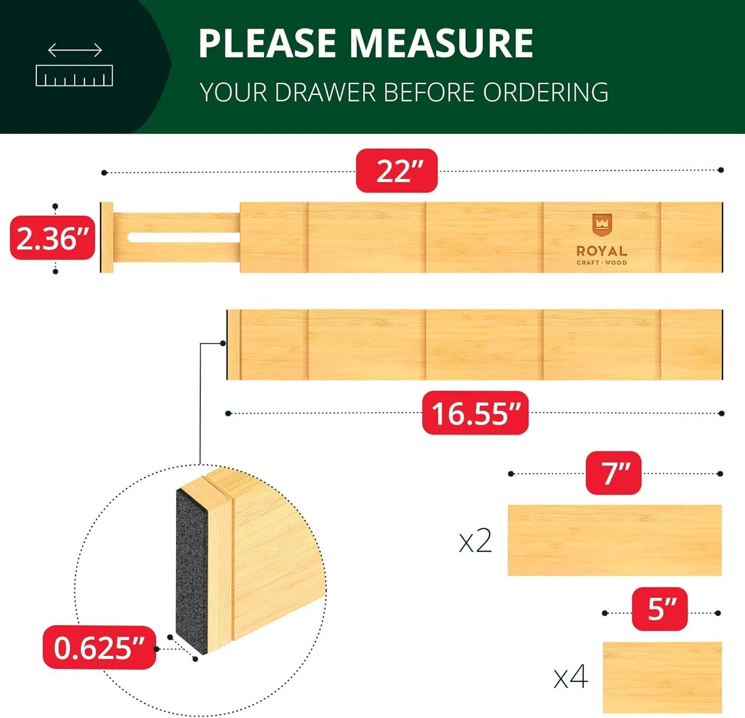 ROYAL CRAFT WOOD Adjustable Bamboo Drawer Dividers Organizers (17" - 21.5") with Inserts - Expandable Drawer Organization Separators for Kitchen Large Utensils, Clothes, Bedroom, 4-Pack