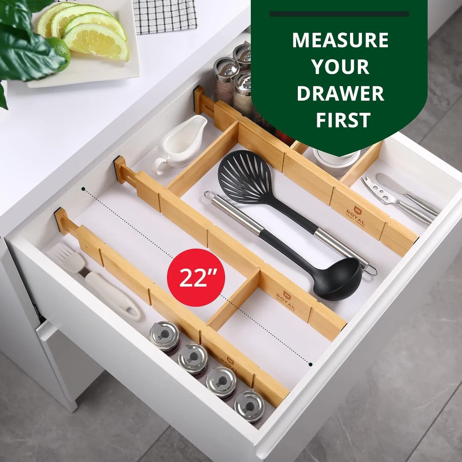 ROYAL CRAFT WOOD Adjustable Bamboo Drawer Dividers Organizers (17" - 21.5") with Inserts - Expandable Drawer Organization Separators for Kitchen Large Utensils, Clothes, Bedroom, 4-Pack