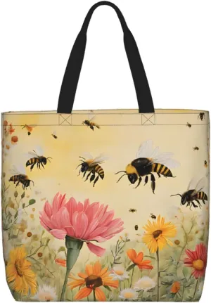 (Rural Bees Wildflowers) Tote Bag For Women Large Reusable Shoulder Handbag Casual Shopping Travel Work Beach Grocery Bag