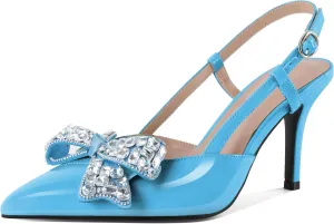 SAMMITOP Slingback Rhinestone Bow Heels for Women Closed Pointed Toe High Heel Ankle Strap Pumps Slip On Stilettos Wedding Bride Dress Shoes 3.5 Inch