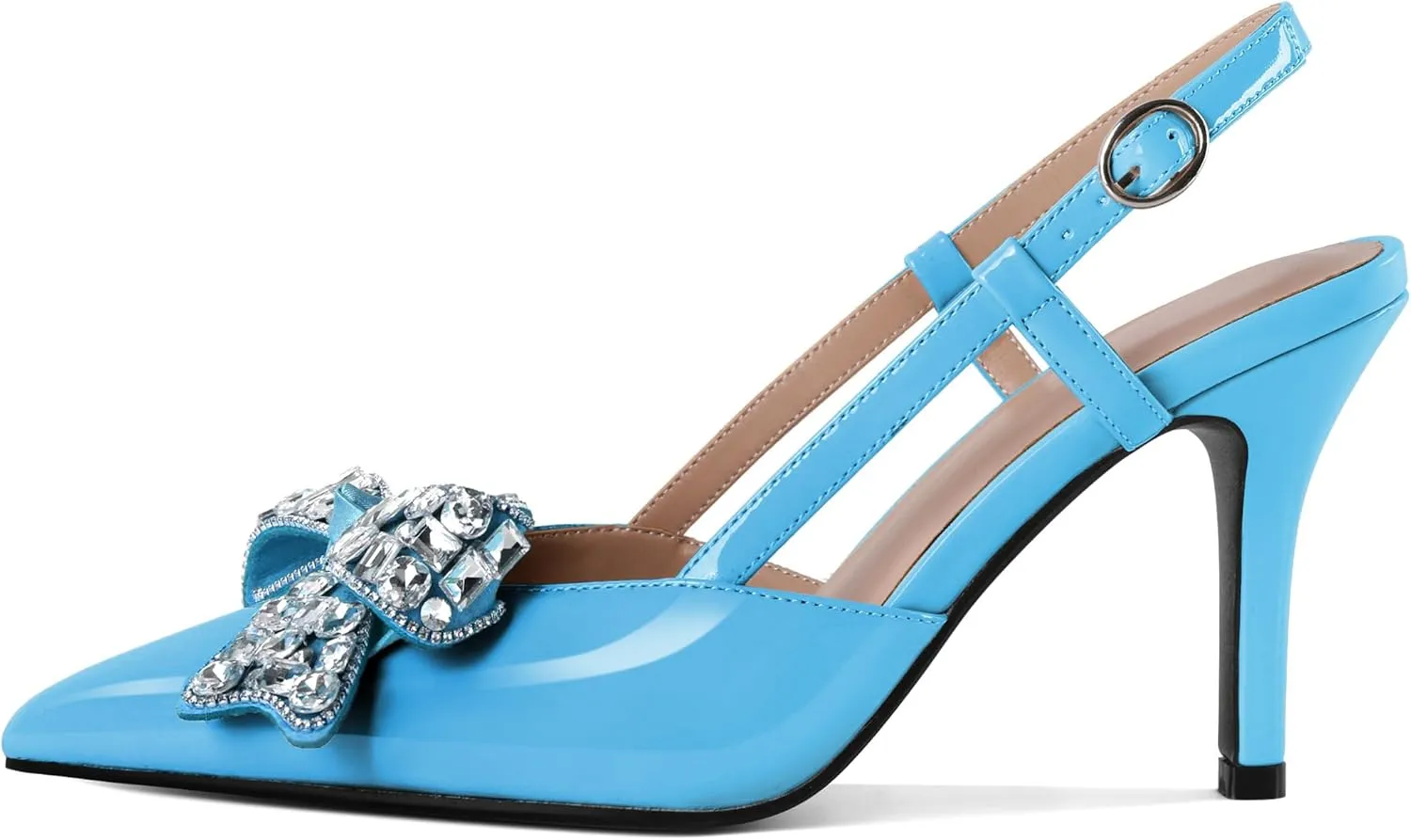 SAMMITOP Slingback Rhinestone Bow Heels for Women Closed Pointed Toe High Heel Ankle Strap Pumps Slip On Stilettos Wedding Bride Dress Shoes 3.5 Inch