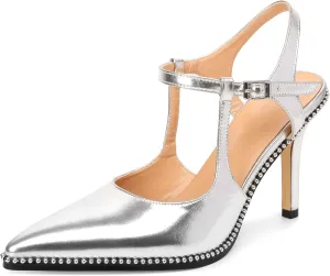 SAMMITOP Womens High Heels Ankle Strap Pointed Toe Stilettos Patent Leather Beaded Pumps Dress Shoes 3.5 Inch