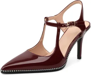 SAMMITOP Womens High Heels Ankle Strap Pointed Toe Stilettos Patent Leather Beaded Pumps Dress Shoes 3.5 Inch