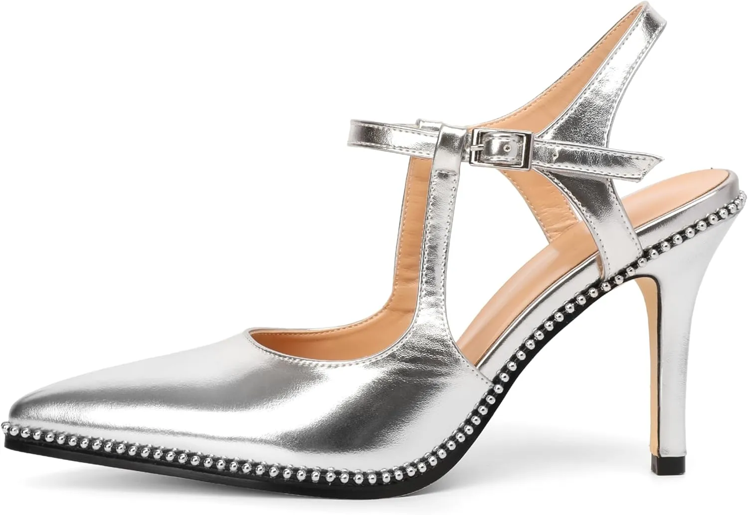 SAMMITOP Womens High Heels Ankle Strap Pointed Toe Stilettos Patent Leather Beaded Pumps Dress Shoes 3.5 Inch