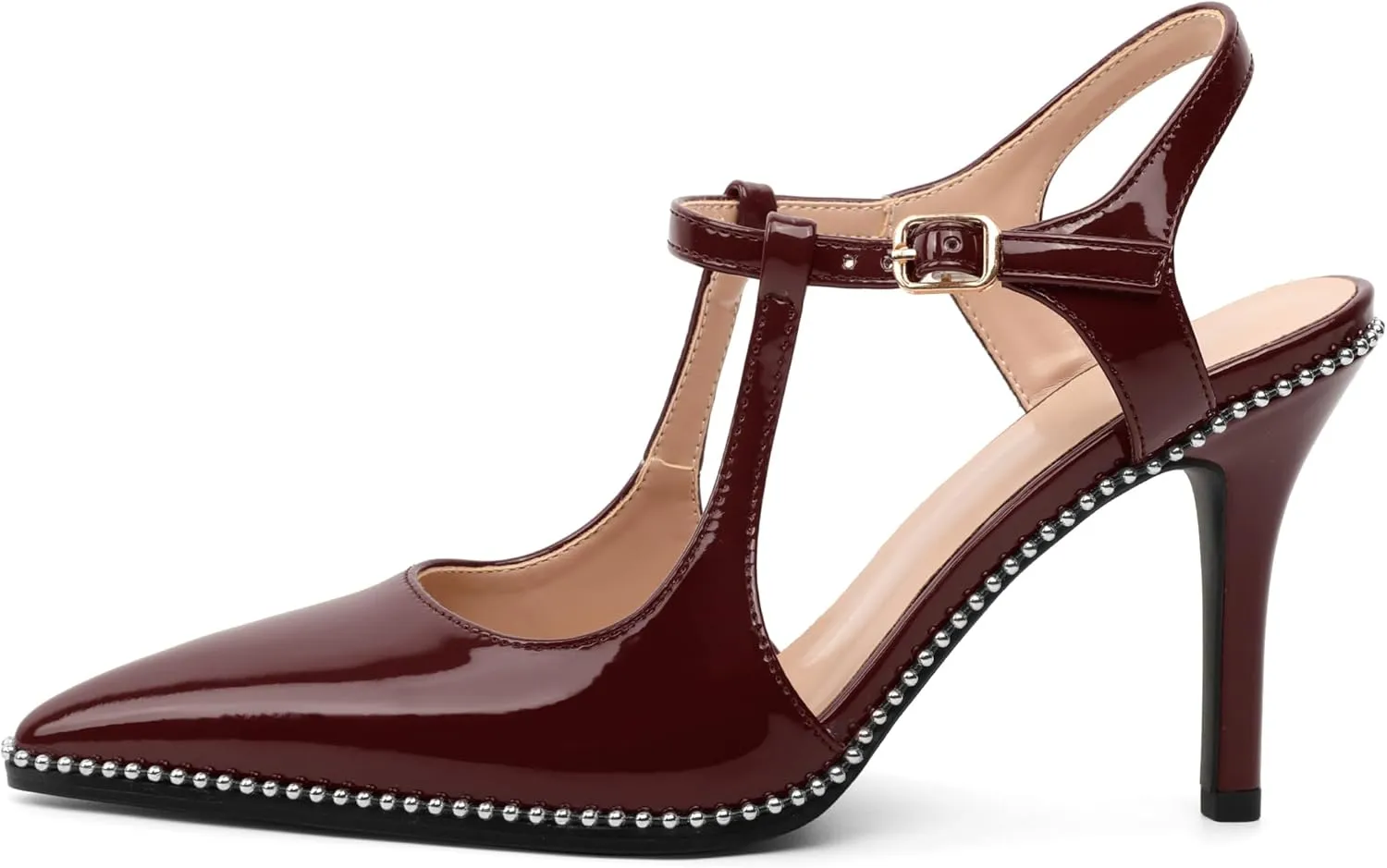 SAMMITOP Womens High Heels Ankle Strap Pointed Toe Stilettos Patent Leather Beaded Pumps Dress Shoes 3.5 Inch