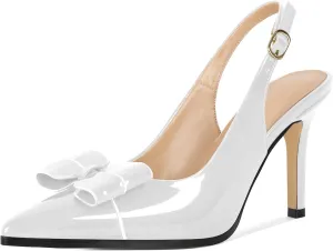 SAMMITOP Womens Slingback Stiletto High Heels Closed Pointed Toe Bow Pumps Buckle Strap 3.5 Inch Heeled Sexy Office Wedding Dress Shoes