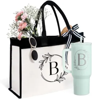 SANDJEST Stainless Steel Tumbler 40oz with Handle Initial B and Canvas Tote Bag