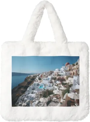 Santorini Greek Island sea View Print Cute Autumn Winter Plush Handbag Large Capacity Festival Party Present Bag