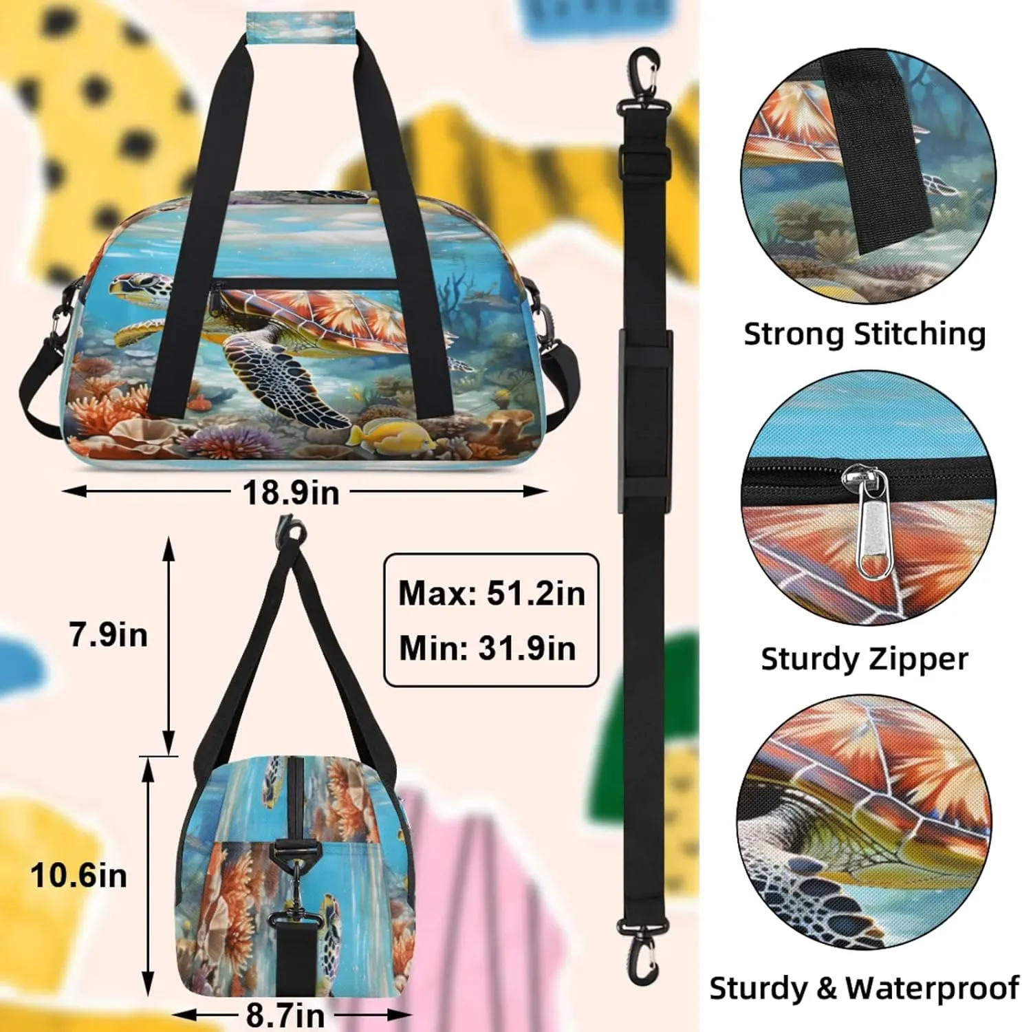 Sea Turtles Ocean Animal Small Gym Bag 18 inch Carry On Duffel Bag for Weekender Travel Sports Workout Yoga Gymnastics Dance Ballet
