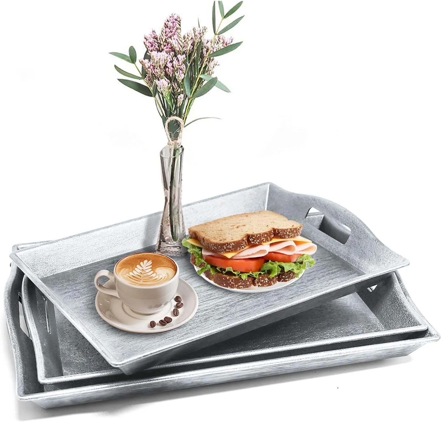 Set of 3 Large Serving Trays w/Handles Nesting Breakfast Serving Trays Afternoon Tea Tray Decorative Rectangular Display Tray Set Nested Food Tray Butler Serving Tray for Kitchen Party Dinner Snack