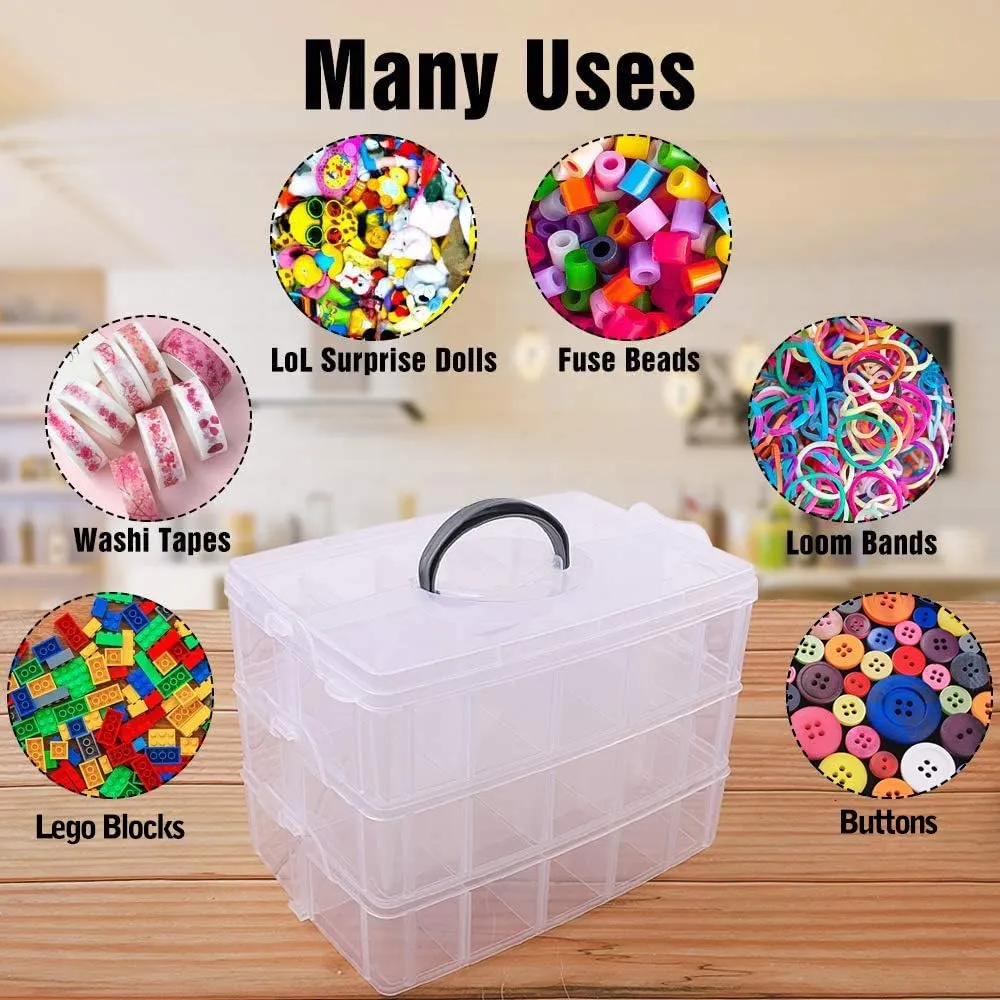 SGHUO 3-Tier Stackable Storage Container Box with Dividers-30 Compartments, Bead Organizers for Art Craft Storage, Washi Tape, Kids Toys, Jewelry, Beauty & Sewing Supplies
