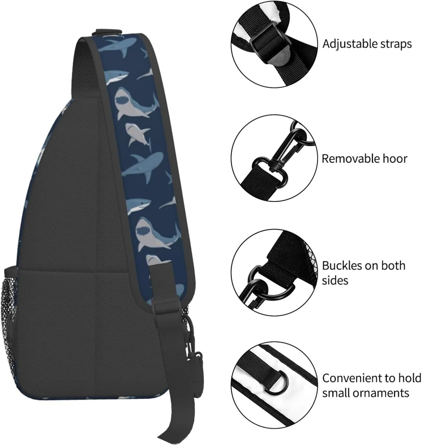 Shark Print Sling Bag for Women Men Abstract Shark Silhouettes Swimming Sea Fish Blue Crossbody Backpack Underwater Animal Print Sling Backpack Casual Shoulder Bag Travel Hiking Daypack