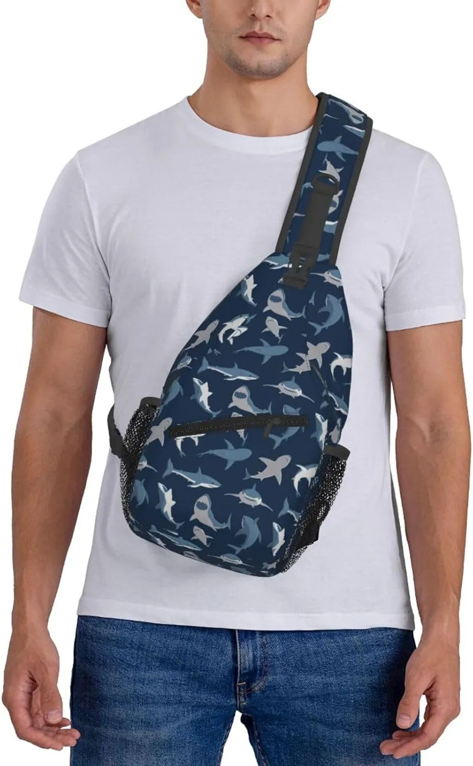 Shark Print Sling Bag for Women Men Abstract Shark Silhouettes Swimming Sea Fish Blue Crossbody Backpack Underwater Animal Print Sling Backpack Casual Shoulder Bag Travel Hiking Daypack