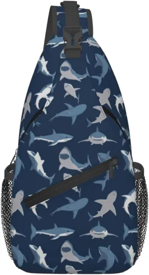 Shark Print Sling Bag for Women Men Abstract Shark Silhouettes Swimming Sea Fish Blue Crossbody Backpack Underwater Animal Print Sling Backpack Casual Shoulder Bag Travel Hiking Daypack