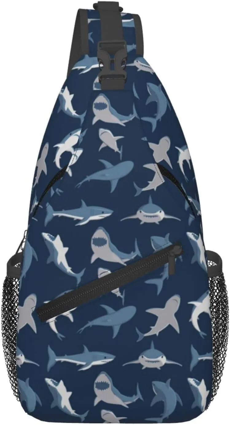 Shark Print Sling Bag for Women Men Abstract Shark Silhouettes Swimming Sea Fish Blue Crossbody Backpack Underwater Animal Print Sling Backpack Casual Shoulder Bag Travel Hiking Daypack