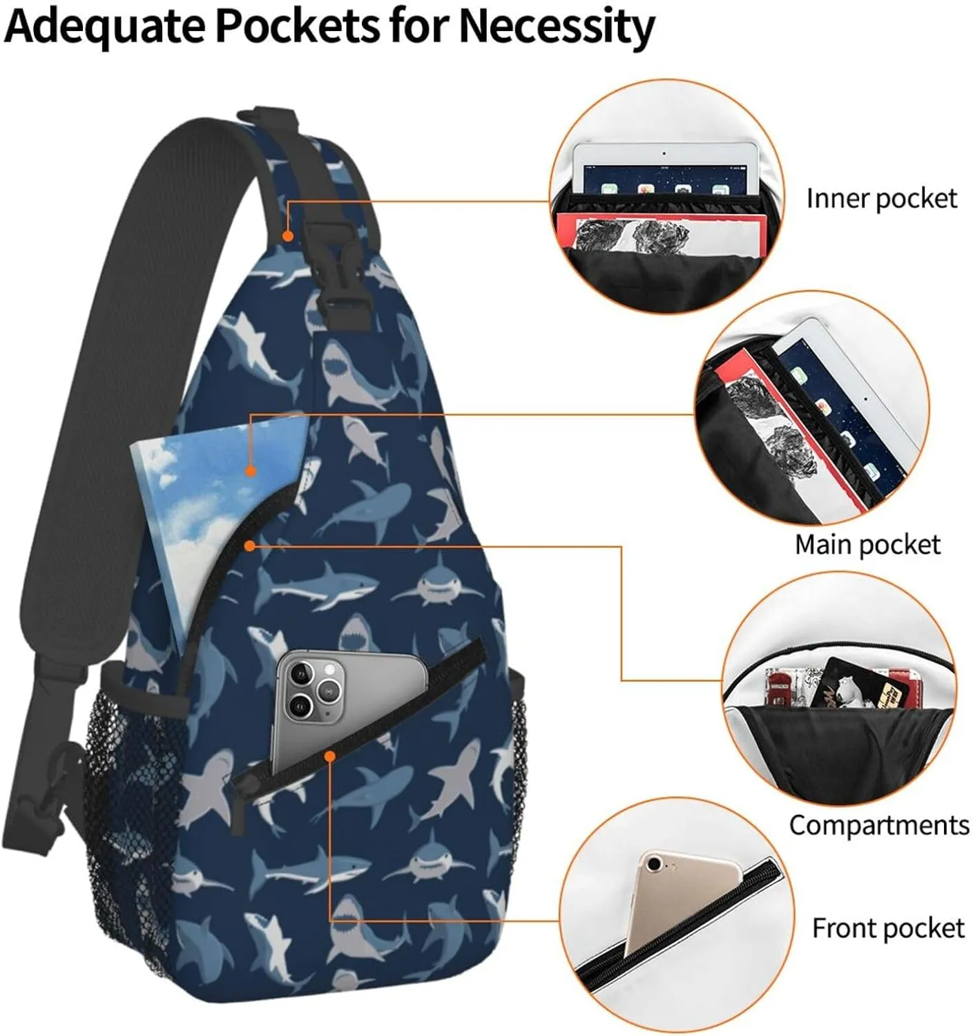 Shark Print Sling Bag for Women Men Abstract Shark Silhouettes Swimming Sea Fish Blue Crossbody Backpack Underwater Animal Print Sling Backpack Casual Shoulder Bag Travel Hiking Daypack