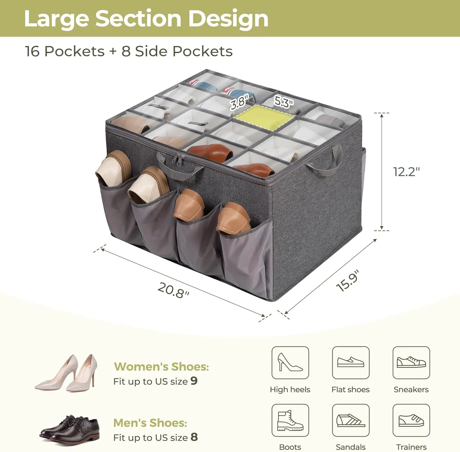 Shoe Organizer for Closet, Shoe Storage Solution with Clear Cover & Adjustable Dividers, Fabric Shoe Box Fits 16  8 Pairs Shoes, Grey, 1-Pack