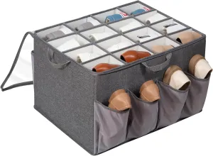 Shoe Organizer for Closet, Shoe Storage Solution with Clear Cover & Adjustable Dividers, Fabric Shoe Box Fits 16  8 Pairs Shoes, Grey, 1-Pack