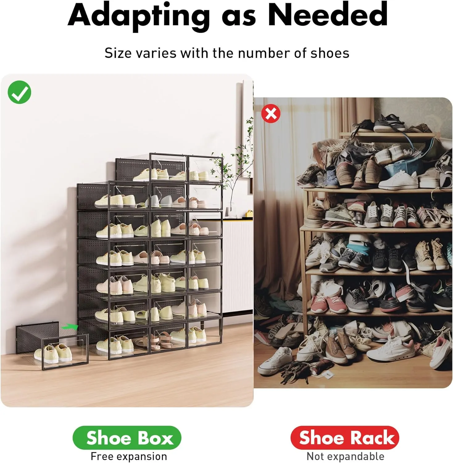 Shoe Storage Box, 15 Pack Clear Plastic Stackable Shoe Organizer for Closet, Interlocking Design Shoe Container Bins for Sneakers, Foldable Shoe Rack with Lids, Black