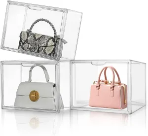 SHUESS 3PCS Acrylic Clear Handbag Organizer with Magnetic Door - Purse Storage Display Case for Purses, Handbags, Shoe Collectibles