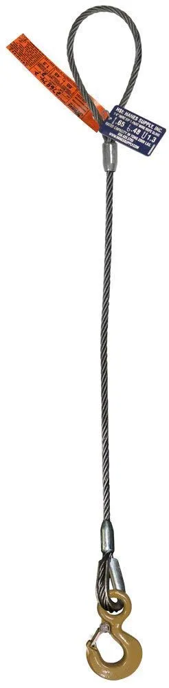 Single Leg Wire Rope Sling | 1.4 Ton Vertical Rated Capacity | Flemish Eye Loop-to-Eye Hook with Safety Latch | 3/8" Dia. | 4' Length | EIPS 6x25 IWRC | Hanes Supply (HSI) Heavy Duty Rigging Cable