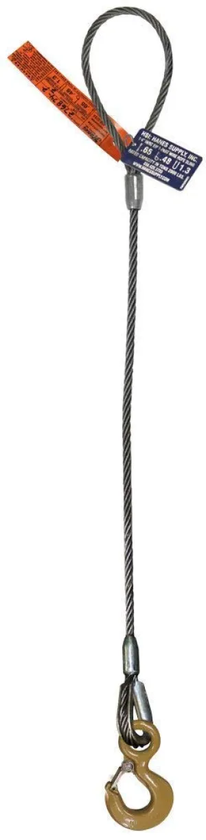 Single Leg Wire Rope Sling | 1.4 Ton Vertical Rated Capacity | Flemish Eye Loop-to-Eye Hook with Safety Latch | 3/8" Dia. | 4' Length | EIPS 6x25 IWRC | Hanes Supply (HSI) Heavy Duty Rigging Cable