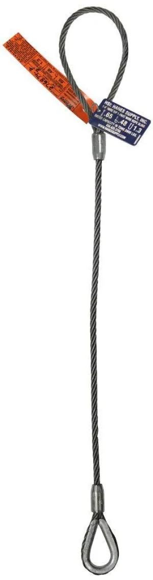 Single Leg Wire Rope Sling | 1.4 Ton Vertical Rated Capacity | Flemish Eye Loop to Heavy-Duty Thimble | 3/8" Dia. | 3' Length | EIPS 6x25 IWRC | Hanes Supply (HSI) Heavy Duty Rigging Cable
