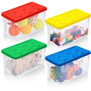 Sintuff 4 Pack Toy Storage Organizers Bins with Lid, Plastic Stackable Storage Box with Handle Design, Brick Shaped Toy Containers for Organizing Building Brick Dolls Toys, 4 Colors
