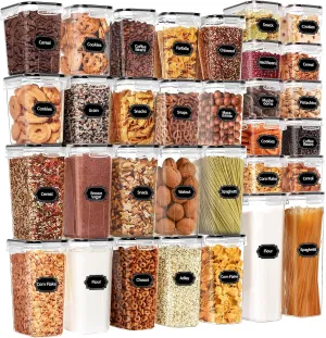 Skroam 32 PCS Airtight Food Storage Containers with Lids, Kitchen and Pantry Organizers and Storage, BPA Free, Plastic Food Storage Canisters for Flour, Sugar, and Cereal, Labels & Marker