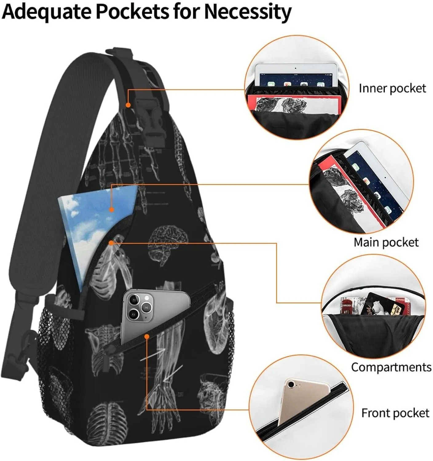 Skull Shoulder Bag Men Sling Backpack Daypack Casual Hiking Bag Cool Backpack Bag for Outdoor