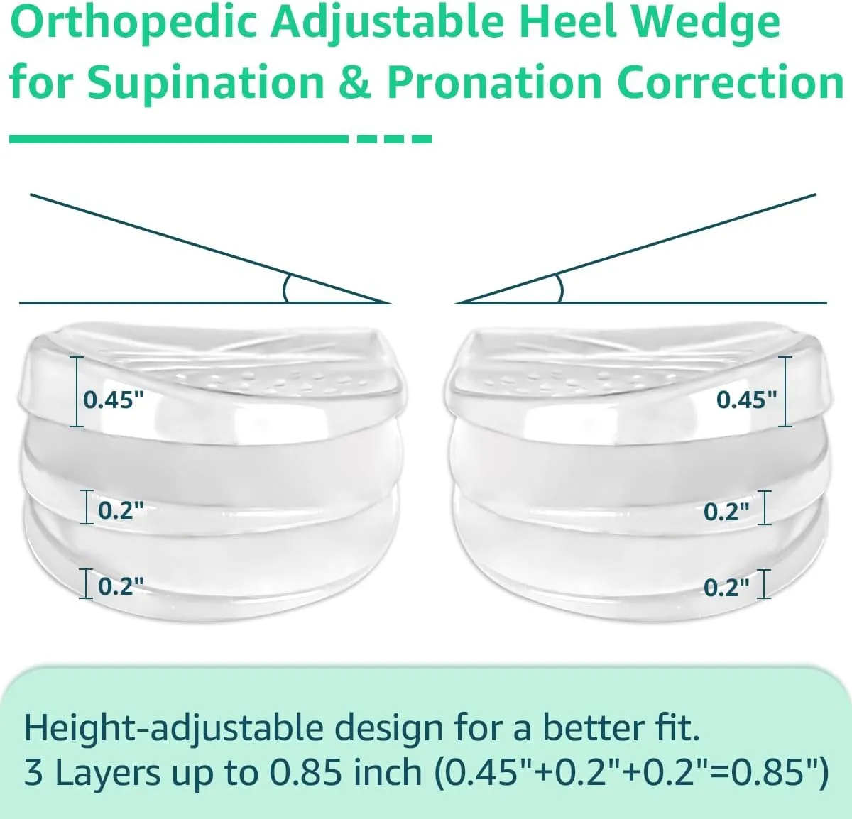 Skyfoot 3 Layers Adjustable Heel Wedge Inserts for Supination & Pronation Correction, Adhesive Medial & Lateral Heel Insoles for Bow Legs, Knee Pain, Foot Alignment (S: W 4-6.5, M 5-6.5, Crystal)