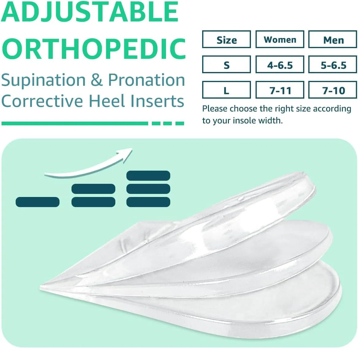 Skyfoot 3 Layers Adjustable Heel Wedge Inserts for Supination & Pronation Correction, Adhesive Medial & Lateral Heel Insoles for Bow Legs, Knee Pain, Foot Alignment (S: W 4-6.5, M 5-6.5, Crystal)