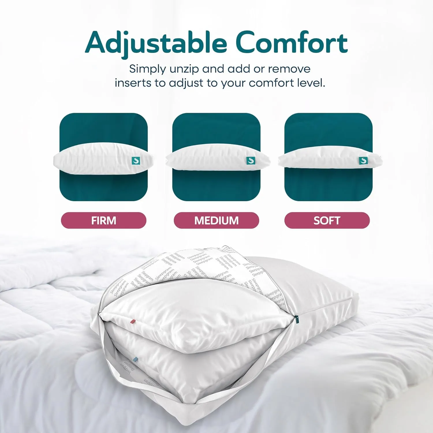 Sleepgram Cooling Bed Pillow & Removable Cover for Sleeping Sets, Queen Size