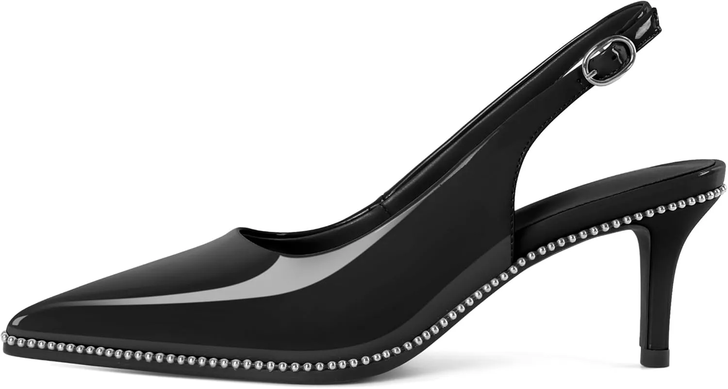 Sling Back Heels Women Sliver Beaded Kitten Pumps Closed Pointy Toe Mid Stiletto Heels Wedding Party Casual Dress Shoes Elegant 2.5 Inch Sandals