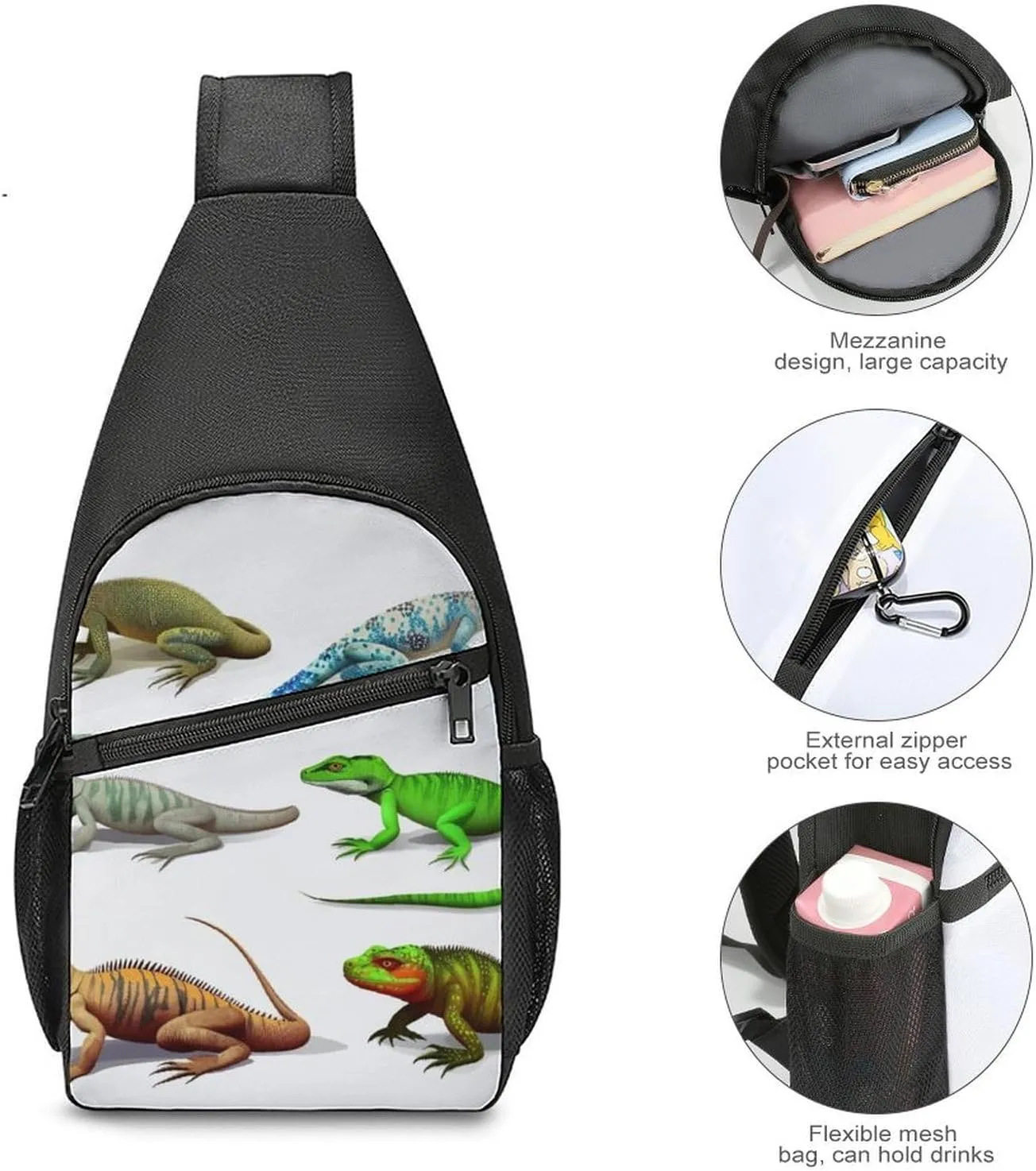 Sling Backpack for Women Men Crossbody Chest Bag Travel Different Types of Lizard Daypack Shoulder Bag for Hiking