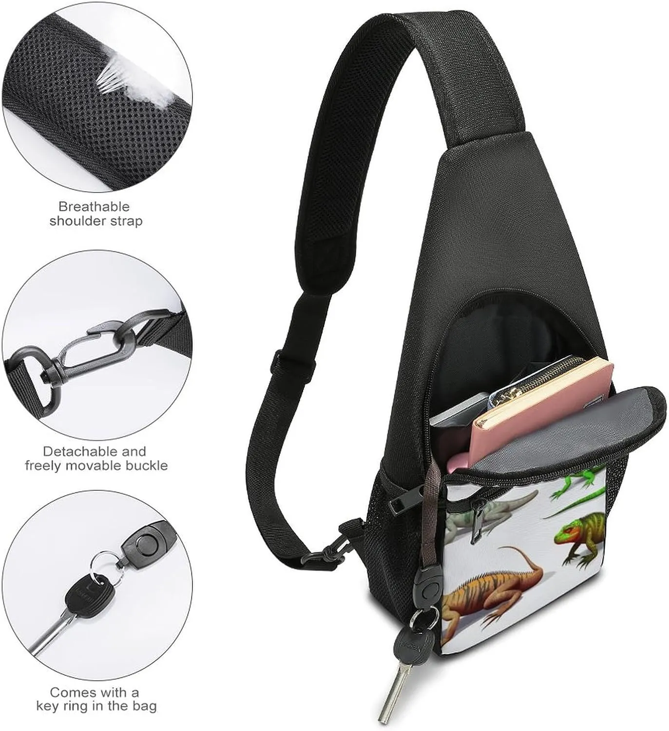 Sling Backpack for Women Men Crossbody Chest Bag Travel Different Types of Lizard Daypack Shoulder Bag for Hiking