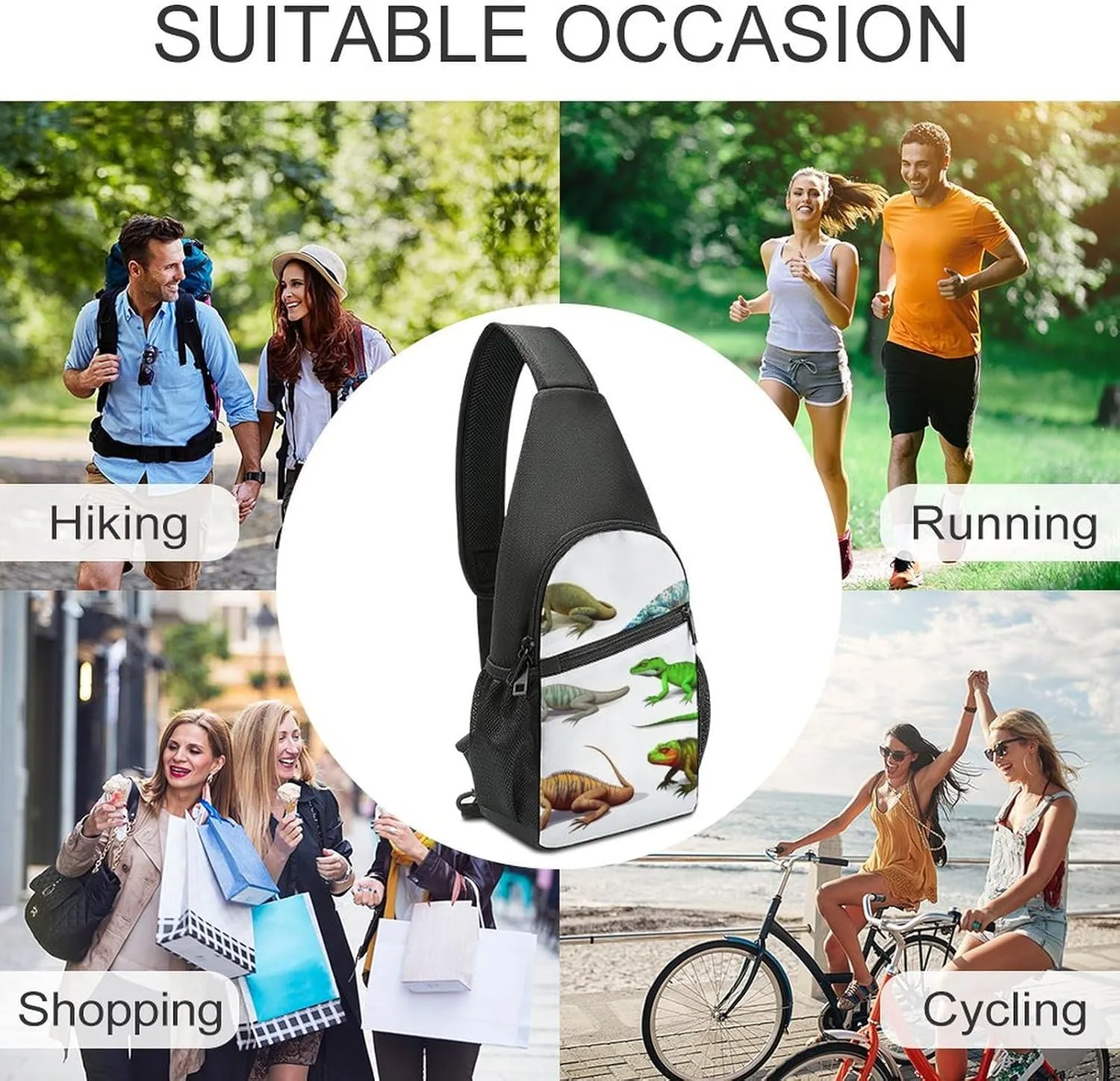 Sling Backpack for Women Men Crossbody Chest Bag Travel Different Types of Lizard Daypack Shoulder Bag for Hiking