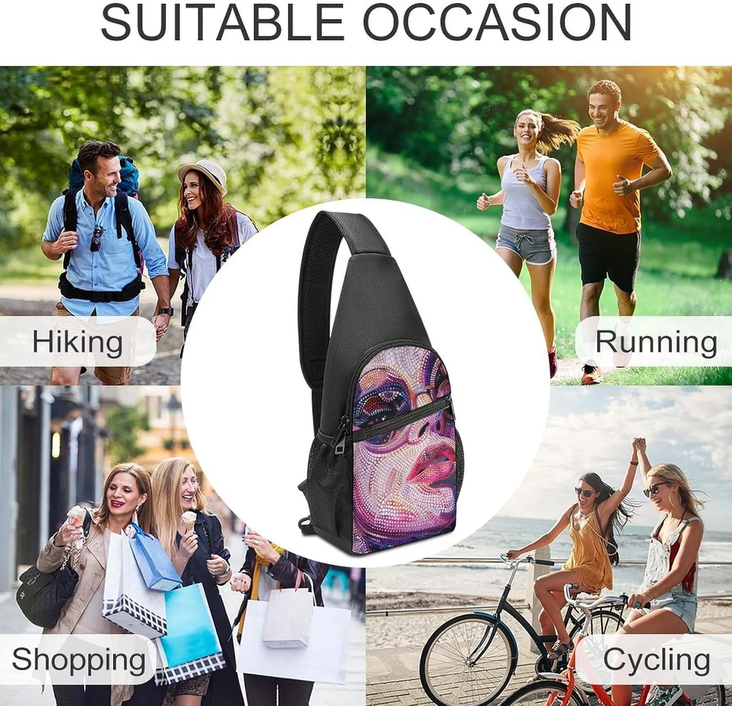 Sling Backpack for Women Men Crossbody Chest Bag Travel Dot Portrait Style Daypack Shoulder Bag for Hiking